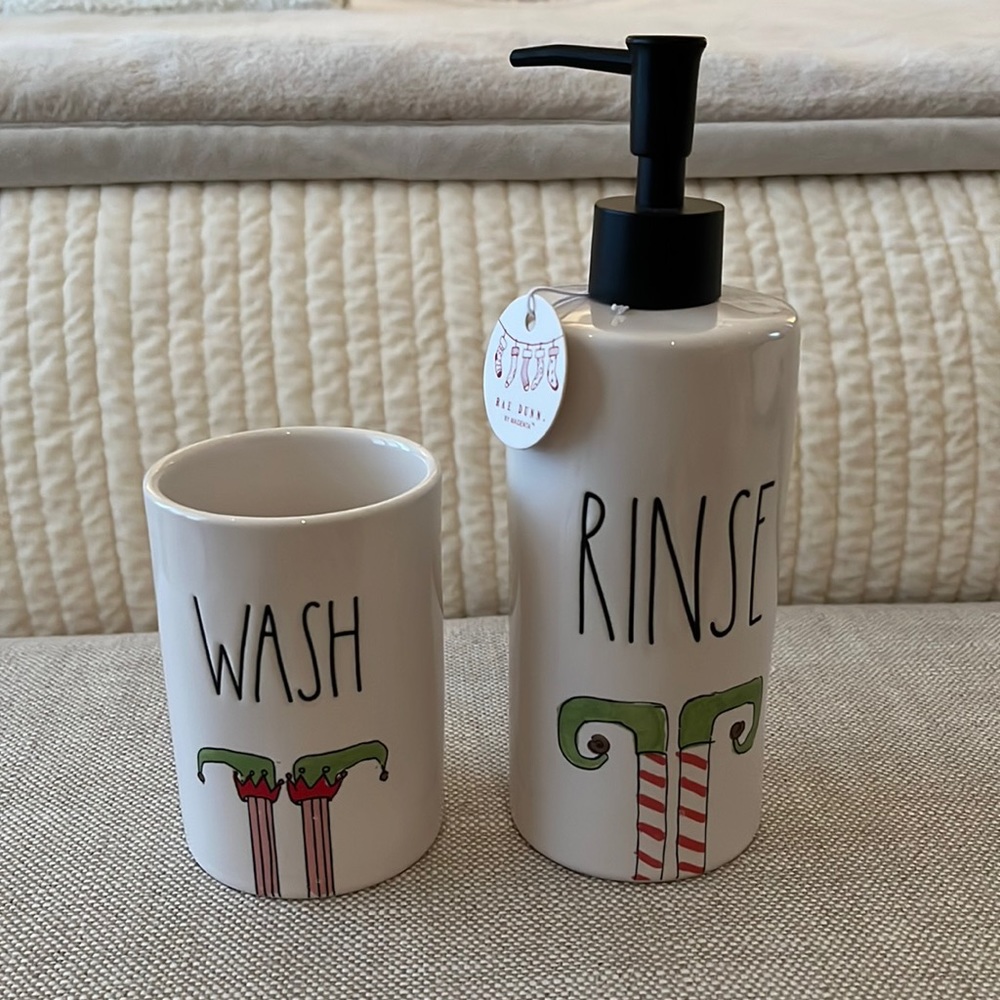 Rae Dunn Artisan Collection ‘Elf’ Bathroom Set Soap Pump Dispenser and Cup Set